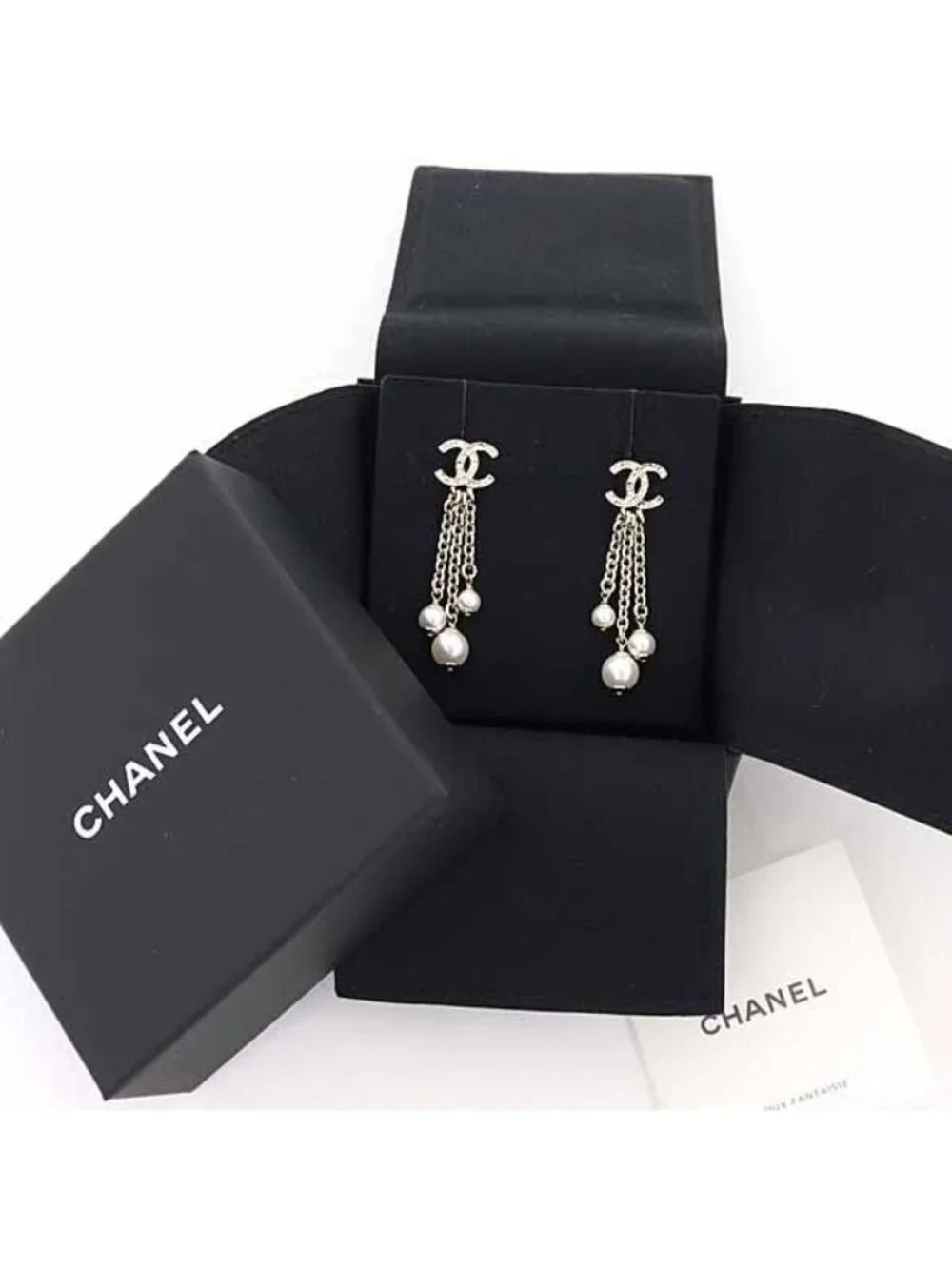 Chanel Pearl Chain Coco Mark Earrings Metal Rai White Gold B25 A